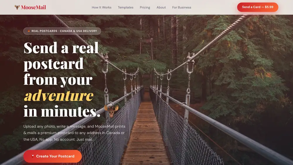 MooseMail — send a real postcard from your trip.