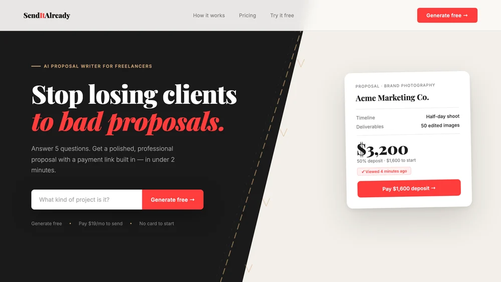 SendItAlready homepage: dark split-screen hero reading "Stop losing clients to bad proposals" beside a sample client proposal card.