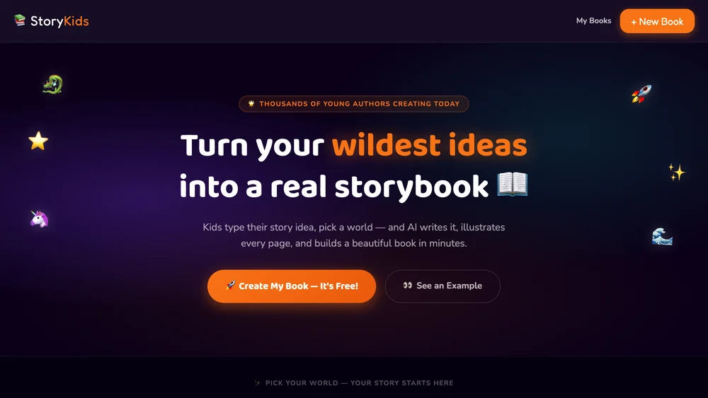 StoryKids AI homepage: playful purple hero reading "Turn your wildest ideas into a real storybook" surrounded by floating illustrated icons.