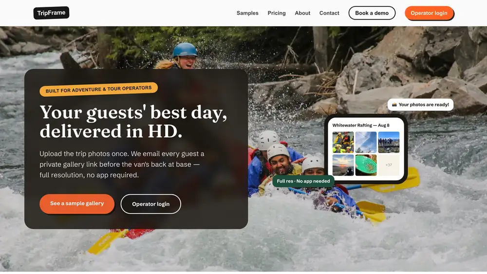 TripFrame homepage: dark card hero reading "Your guests' best day, delivered in HD" beside a mock photo-gallery notification.